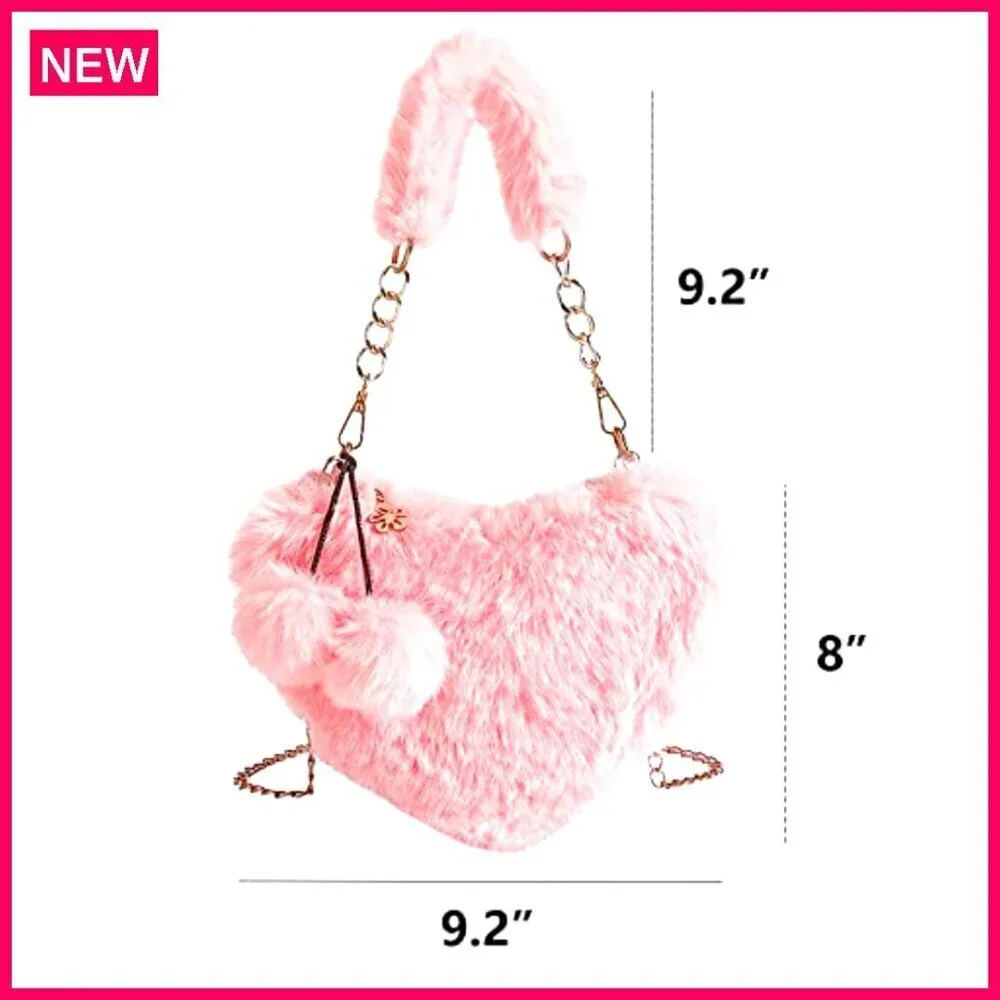 Furry Heart Shaped Crossbody Purse for Girls, 9.2x8 Inches, Soft Faux Fur